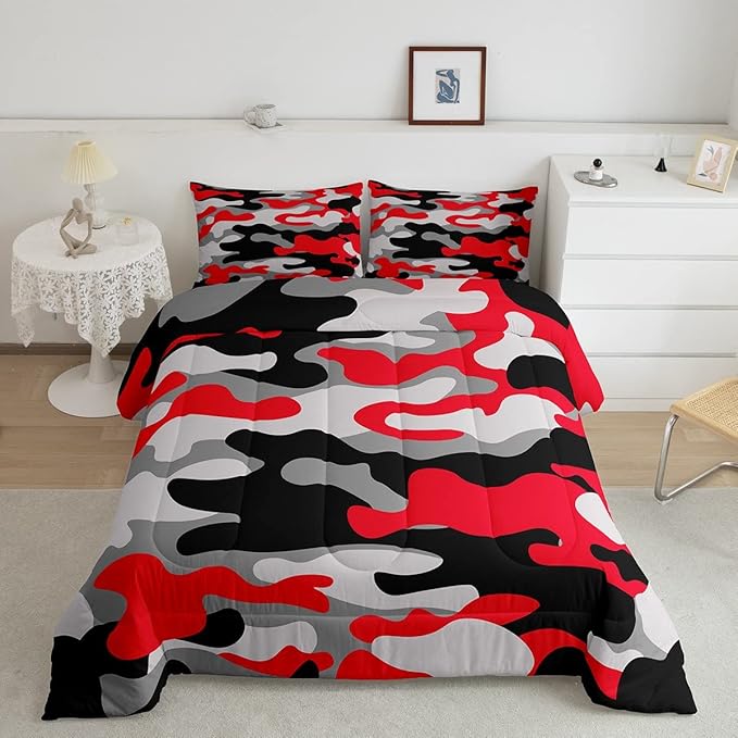 Full Size Camouflage Comforter Set 3Pcs Kids Bedding Set for Boys Girls Teens 1 Comforter & 2 Pillowcases(Full,Red Black) Boys