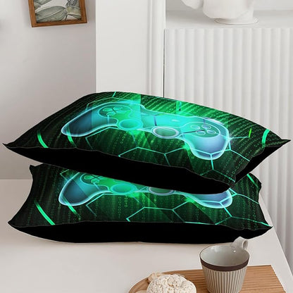 Axolotl Gamepad Comforter Set Full Size,Number Video Gaming Gamer Bedding Set,Boys Game Console Comforter Set,Geometry Hexagonal Bedding Set for Teens Men Adults,1 Quilt 2 Pillowcases,Green Black