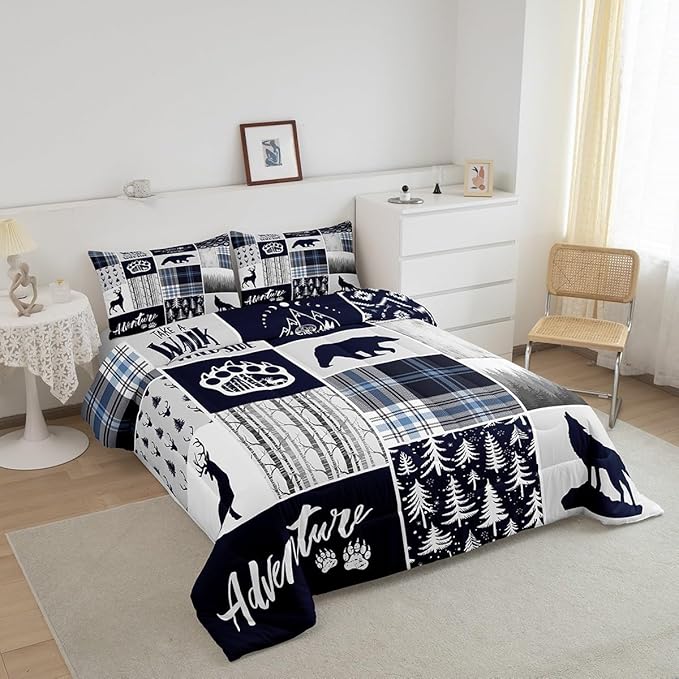 Manfei Deer Bear Kids Comforter Set Full Size,Wolf Hunting Adventure Rustic Bedding Set for Boys Girls Adults Room Decor,Geometric Plaids Patchwork Down Comforter,Blue Xmas Duvet Insert,2 Pillowcases