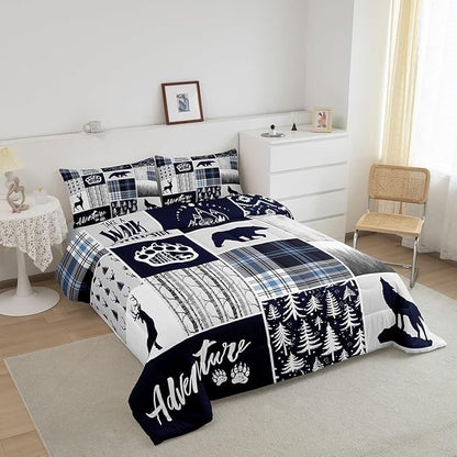 Deer Bear Kids Comforter Set Queen Size,Wolf Hunting Adventure Rustic Bedding Set for Boys Girls Adults Room Decor,Geometric Plaids Patchwork Down Comforter,Blue Xmas Duvet Insert,2 Pillowcases