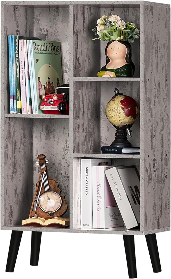 5 Cube Small Bookshelf,3 Tier Mid-Century Modern Bookcase with Legs,Wood Bookshelves Storage Organizer Shelf,Free Standing Narrow Book Shelves,Rustic Grey Corner Bookcases for Bedroom,Living Room