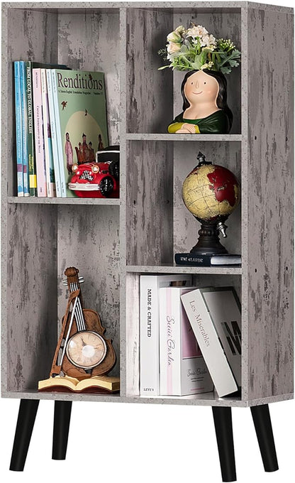5 Cube Small Bookshelf,3 Tier Mid-Century Modern Bookcase with Legs,Wood Bookshelves Storage Organizer Shelf,Free Standing Narrow Book Shelves,Rustic Grey Corner Bookcases for Bedroom,Living Room