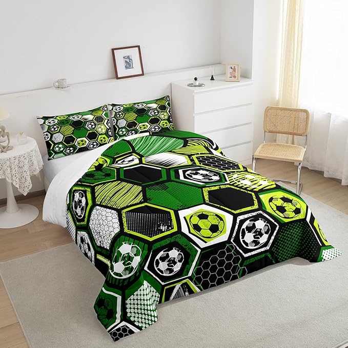 Erosebridal Boys Football Comforter Set Queen Soccer Sports Bedding Set Twin for Kids Teen,Geometric Honeycomb Down Comforter Hexagon Beehive Quilt Duvet Duvet Insert Green Black White 2 Pillow Cases