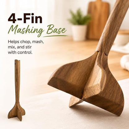 Wooden Meat Masher, Acacia Wood Meat Chopper for Ground Beef, 11 Inch Hamburger Smasher Tool, Manual Burger Potato Masher Kitchen Gadgets