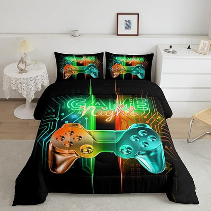 Feelyou Gamer Comforter Kids Gaming Video Game Comforter Set for Boys Teens Noverlty Modern Gamepad Bedding Set Breathable Gamer Console Bedding Duvet Set Bright Orange Green Room Decor Queen Size
