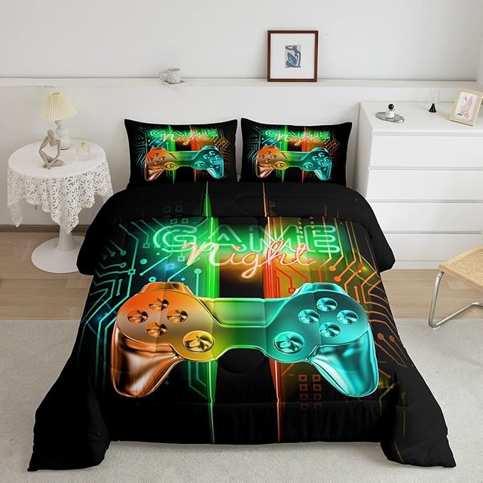 Feelyou Gamer Comforter Kids Gaming Video Game Comforter Set for Boys Teens Noverlty Modern Gamepad Bedding Set Breathable Gamer Console Bedding Duvet Set Bright Orange Green Room Decor Twin Size