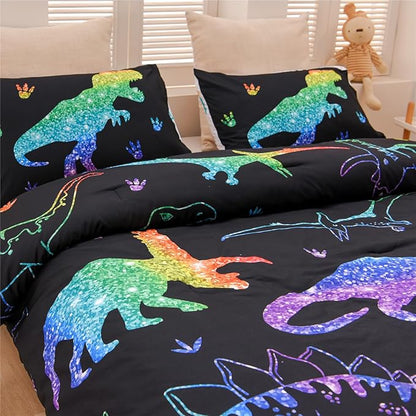 Meeting Story Dinosaur Comforter Set,Gradation Fluorescence Dinosaur Full Comforter Set, 3 PCS 1 Comforter and 2 Pillowcases in One Bag, All Season Bedspread for Kids Teens Adults（Full）