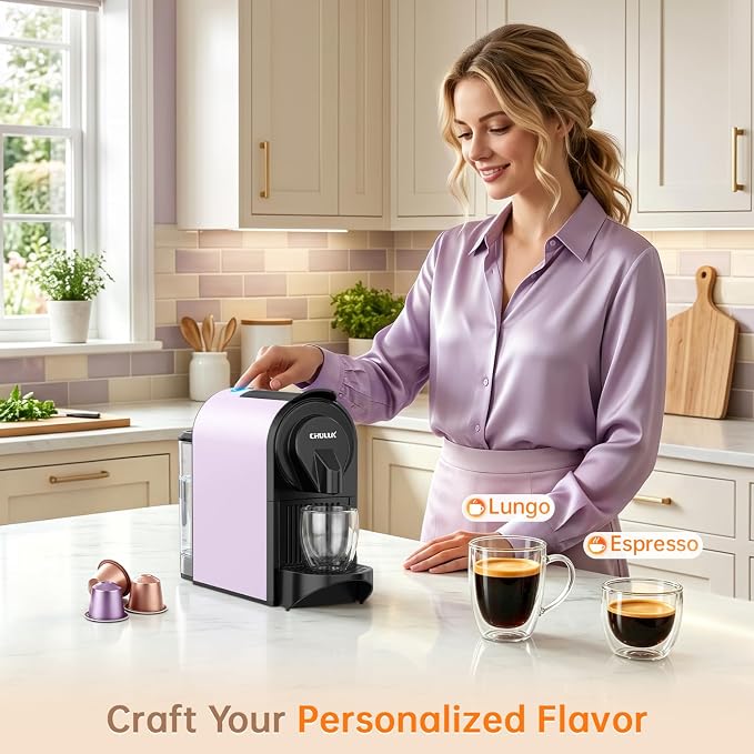 CHULUX Bafè-Pro 20Bar Espresso Coffee Machine for Fast Extraction, Lavender | 1400W Rapid Heating, Espresso Lungo Buttons, Used Capsule Drawer, Auto-Eject System, 24oz Removable Reservoir, Mini Footprint