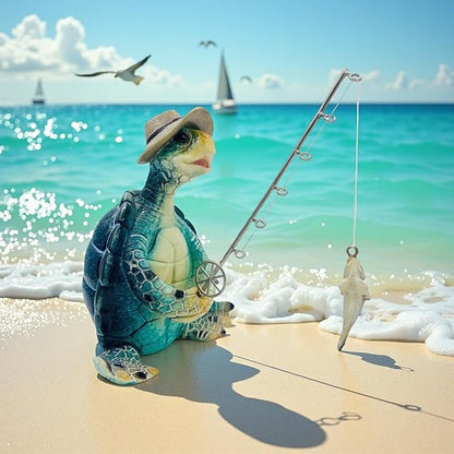Turtle Fishing Decor, Summer Garden Statues, Nautical Coastal Beach Decorations, Home Office Decor Gifts, Bookshelf Desk Bathroom Tabletop Statue Ornament (Turtle Fishing)