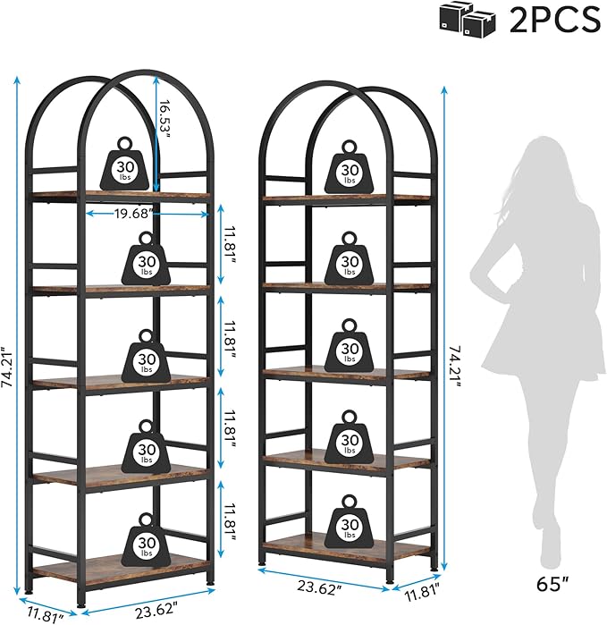 Tribesigns 5-Tier Open Bookshelf, 74.4" Wood Bookcase Storage Shelves with Metal Frame, Freestanding Display Rack Tall Shelving Unit for Office, Bedroom, Living Room, Easy Assembly(Brown, 2PCS)