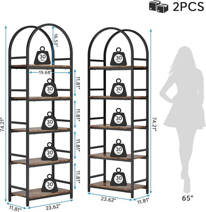 Tribesigns 5-Tier Open Bookshelf, 74.4" Wood Bookcase Storage Shelves with Metal Frame, Freestanding Display Rack Tall Shelving Unit for Office, Bedroom, Living Room, Easy Assembly(Brown, 2PCS)