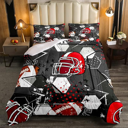 Erosebridal Football Comforter Set Queen,Red American Football Helmet Bedding Set for Kids Boys Teens Men Bed,Grunge Geometric Hexagon Comforter Retro Grey Soft Quilt Duvet Sets with 2 Pillow Cases