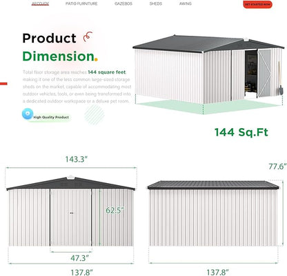 AECOJOY 12' x 12' Outdoor Storage Shed, Large Metal Sheds & Outdoor Storage Clearance Steel Yard Shed with Lockable Doors, Utility and Tool Storage Garden Shed for Backyard, Patio and Outside