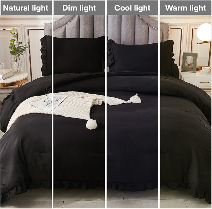 Andency Black Full Size Comforter Set, 3 Pieces Ruffle Farmhouse Shabby Chic Bedding Comforter & Sets, Soft Lightweight Fluffy All Season Down Alternative Bed Set for Boys Kids Men Women