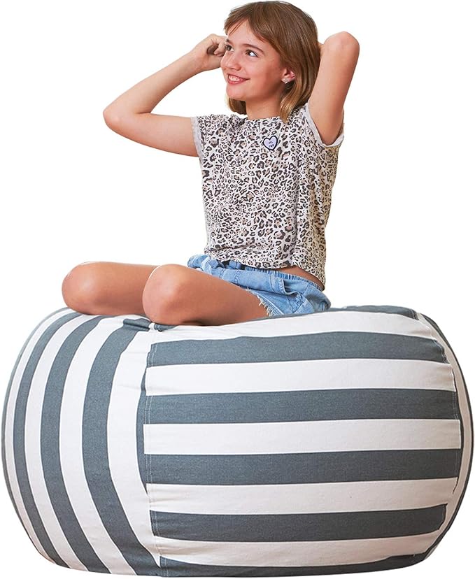 Aubliss Stuffed Animal Bean Bag Storage Chair, Beanbag Covers Only for Organizing Plush Toys, Turns into Bean Bag Seat for Kids When Filled, Large 38"-Canvas Stripes Grey/White