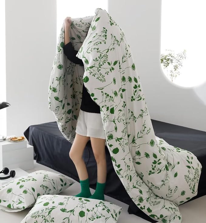 Sage Botanical Comforter Queen White Green Floral Plant Bedding Comforter Set Girls Garden Pattern Printed on White Blanket Rustic Leaf Blossom Women White Farmhouse Comforter Queen