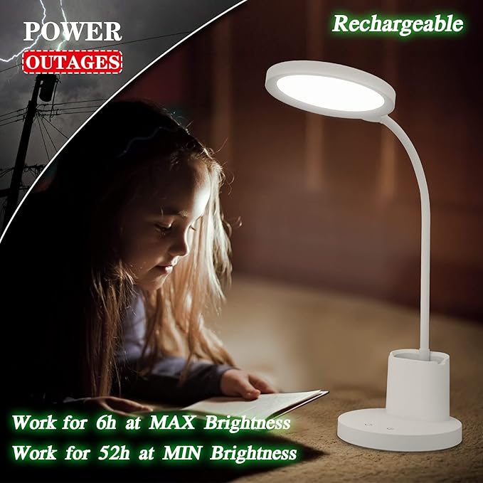 GOLSPARK Battery Operated Desk Lamp LED Rechargeable 4500mAh White LED Desk Lamps Dimmable, Touch Control 360°Flexible Dorm Reading Lamp for Students-3 Color Modes with Pen Holder Phone Stand