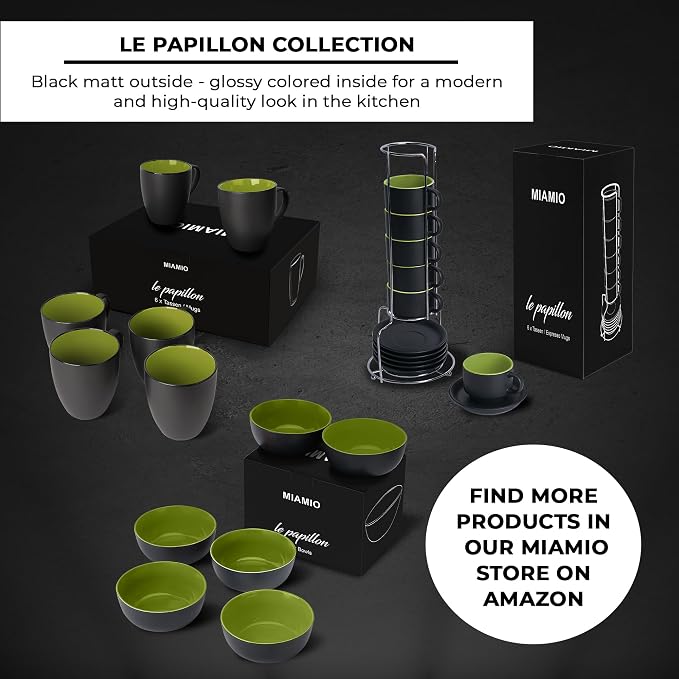 MIAMIO - Coffee Mugs Set of 6 (12 oz) - Le Papillon (Green) - Modern Home | Ceramic coffee mugs for coffee, cappuccino and tea, 12 oz for everyday use - dishwasher safe - practical for daily use