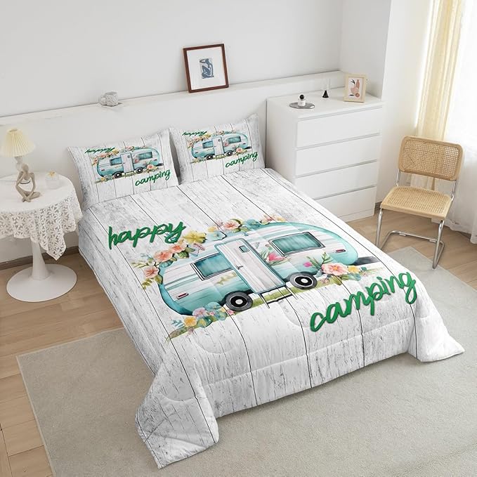 Girls Camper Comforter Set Camping Car Floral Down Comforter King Size Rustic Farmhouse Theme Bedding Set Camping Decor Retro Chic Flower Quilted Duvet Old Barn Door Vintage Wooden Style Duvet Set