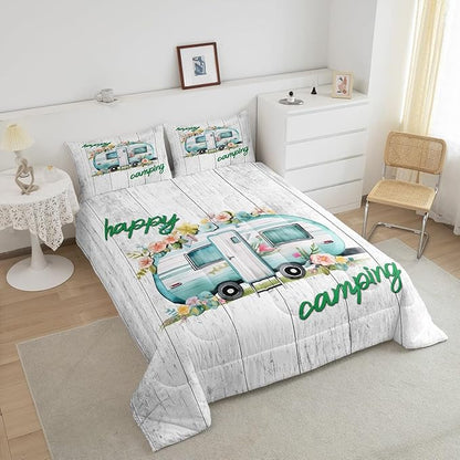 Girls Camper Comforter Set Camping Car Floral Down Comforter Twin Size Rustic Farmhouse Theme Bedding Set Camping Decor Retro Chic Flower Quilted Duvet Old Barn Door Vintage Wooden Style Duvet Set