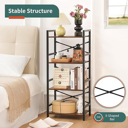Yoobure 4 Tier Bookshelf - Small Book Shelf Industrial Bookcase, Narrow Book Case Book Storage Organizer for CD/Movie/Book, Bookshelves for Bedroom Office Living Room Berry Brown