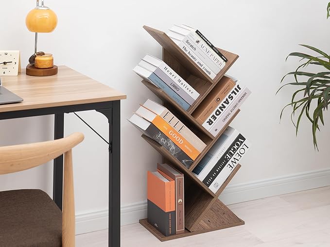 Labcosi 5 Tier Tree Bookshelf, Floor Standing Wood Tree Bookcase, Book Storage Rack for Books/CDs, Book Organizer Shelves for Home Office, Bedroom, Living Room