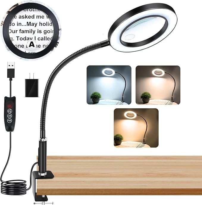 NZQXJXZ Large 30X10X Magnifying Glass with 72 LEDs Light Desk Magnifier with Clip 3 Color Modes and 10 Stepless Dimmable Desk Magnifying Lamp for Hobbies, Reading, Close Work, Jewelry