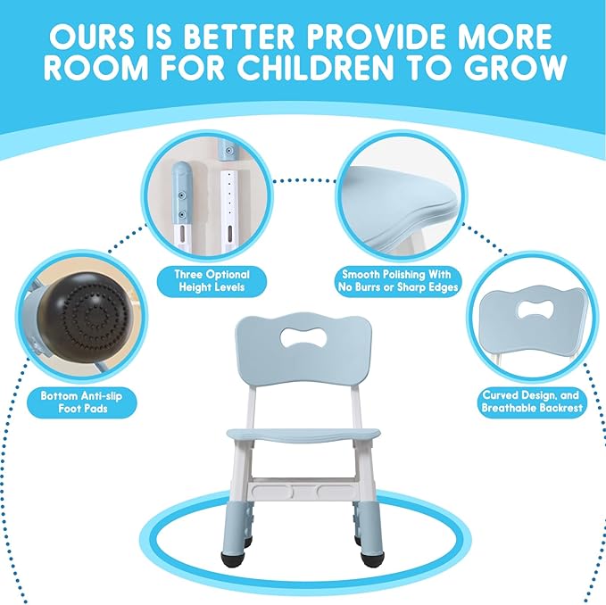 Kids Chair Height Adjustable Toddler Chair Max Load 220LBS Plastic Indoor Outdoor Chair for Children Age 1-6 School Home Daycare Use Bluegrey