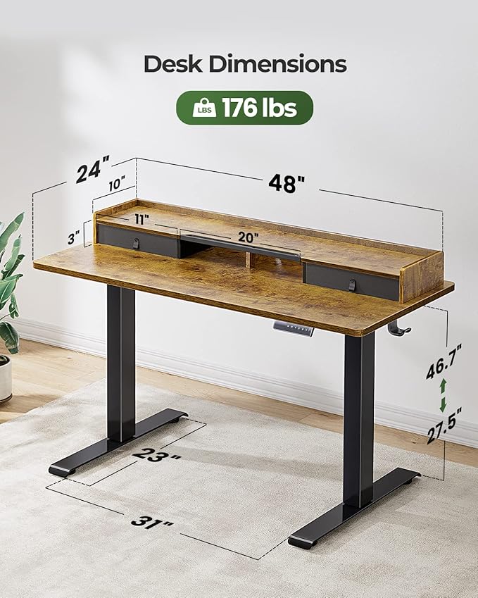 Marsail Electric Standing Desk with Dual Drawers, 48 x 24 Inches Height Adjustable Desk with Storage Shelf, Sit Stand Desk with 4 Memory Preset, 2 Hooks, Stand Up Desk for Home Office, Vintage
