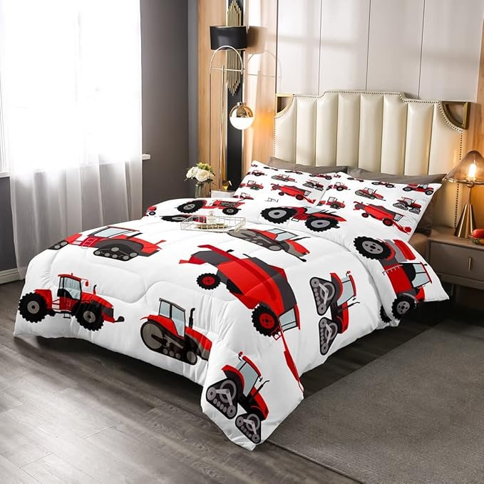 Erosebridal Red Tractor Comforter Set Heavy Equipment Truck Bedding Set for Kids Boys Girls Harvester Tractor Duvet Set King Size Farm Equipment Quilt Set Bedroom Collection 3Pcs Room Decor