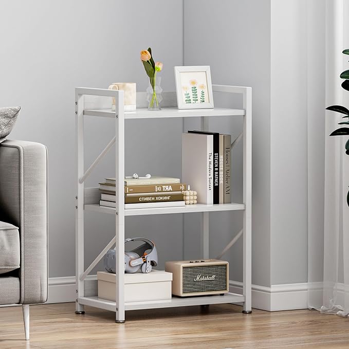 Small Bookshelf for Small Spaces,Modern 3 Tier Bookcase Night Stand, Narrow Book Shelf Organizer, Small Shelf Open Display Rack for Bedroom, Living Room, Home Office(White)