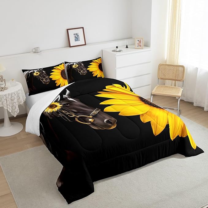 Erosebridal Horse Comforter Set Queen,Sunflower Horse Bedding set for Boys Girls Teens Adults,Western cowboy Farmhouse Down Comforter farm animal Quilt Duvet Sets Bedroom Decor 2 Pillow Cases Black