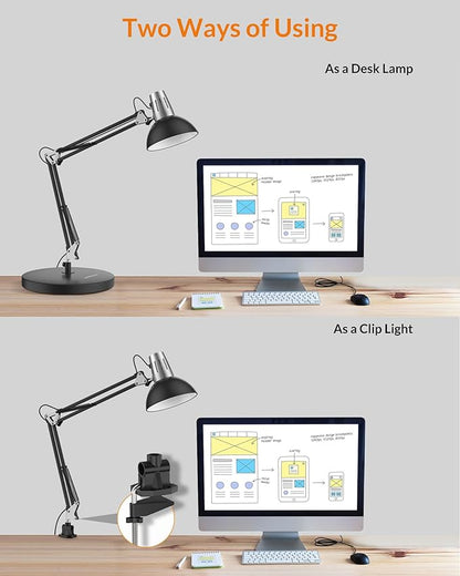 LEPOWER Metal Desk Lamp, Adjustable Goose Neck Architect Table Lamp with On/Off Switch, Swing Arm Desk Lamp with Clamp, Eye-Caring Reading Lamp for Bedroom, Study Room &Office (Black)
