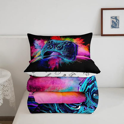 Erosebridal Boys Gaming Bed Comforter Set King Size,Kids Gamer Bedding Sets Girls,Colorful Tie Dye Video Game Quilt Comforter Navy Blue Gamepad Lightweight Bedding Set 1 Comforter with 2 Pillowcases