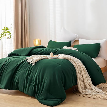 Comforter Set California King Size Dark Green 3 Pieces Boho Bed Comforter Sets Emerald Cal King Oversized Soft Lightweight Bedding Set for All Season (1 Comforter, 2 Pillowcases)