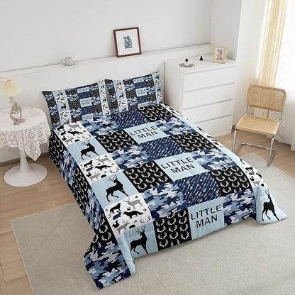 Manfei Camo Deer Antlers Comforter Set Twin,Geometric Checks Patchwork Bedding Set 2pcs for Kids Teens Boys Adults Room Decor,Boho Arrow Animals Quilt Set,Blue Xmas Duvet Insert with 1 Pillowcase