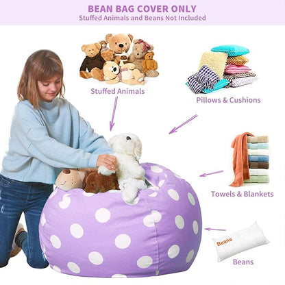 Aubliss Stuffed Animal Bean Bag Storage Chair, Beanbag Covers Only for Organizing Plush Toys, Turns into Bean Bag Seat for Kids When Filled, X-Large 48"-Canvas Dot Light Purple