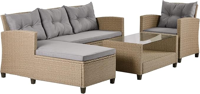 4 Piece Outdoor Patio Furniture Set, Sectional Conversation All-Weather Grey PE Wicker w/Seat Cushions for Backyard Porch Garden Poolside Balcony, Onesize, Ob-Gray