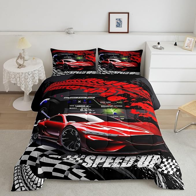 Feelyou Kids Boys Girls Red Race Car Comforter Set Full Size, Sports Car Comforter Comforter Set for Teens Toddler Race Car Bedding Set Racing car Duvet Set Bed Set Room Decor Bedding Collection