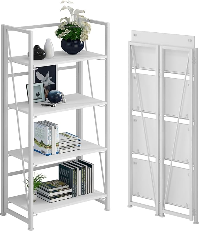 No-Assembly Folding Bookshelf Storage Shelves 4 Tiers Vintage Multifunctional Plant Flower Stand Storage Rack Shelves Bookcase for Home Office (All White)