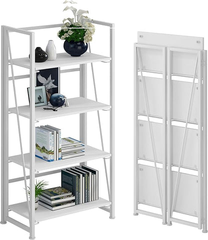 No-Assembly Folding Bookshelf Storage Shelves 4 Tiers Vintage Multifunctional Plant Flower Stand Storage Rack Shelves Bookcase for Home Office (All White)