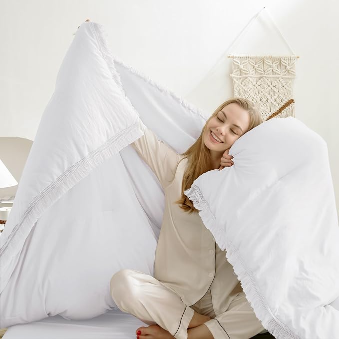 Andency White Comforter Set Twin Size, 2 Pieces Boho Lightweight Tassel Bedding Comforter Sets, All Season Soft Fluffy Fringe Bed Set (66x90In Comforter & 1 Pillowcase)