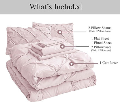 Lane Linen King Size Comforter Set, 7 Piece King Bedding Set, Pintuck King Bed in a Bag Set, King Size Pink Bed Set, Pinch Pleated King Size Comforter Set with Sheets, Pillowcases & Shams - Sepia Rose