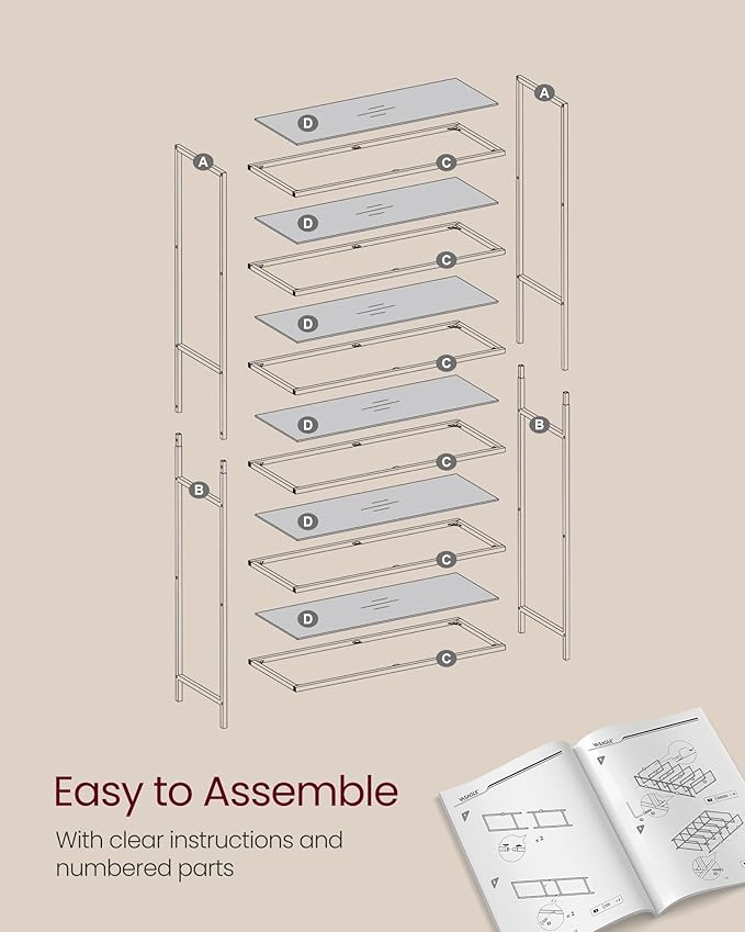 VASAGLE Bookcase, 6-Tier Bookshelf, Slim Shelving Unit for Bedroom, Bathroom, Home Office, Tempered Glass, Steel Frame, Metallic Gold ULGT503A01
