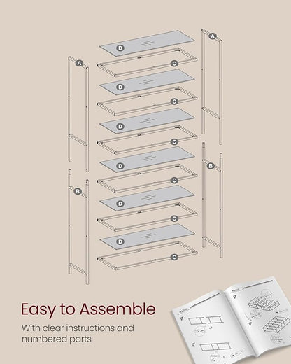 VASAGLE Bookcase, 6-Tier Bookshelf, Slim Shelving Unit for Bedroom, Bathroom, Home Office, Tempered Glass, Steel Frame, Metallic Gold ULGT503A01
