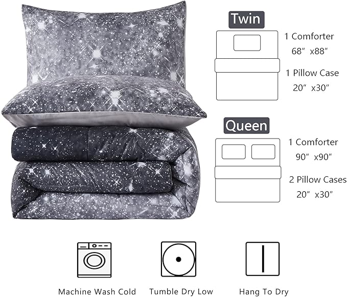 Grey Glitter Comforter Set Twin Size for Boys Teen, Sparkle Galaxy Twinkle Starlight Comforter for Kids Adult, 2 Piece Black Grey Ombre Bedding Set with 1 Pillow Case(Grey,Twin)