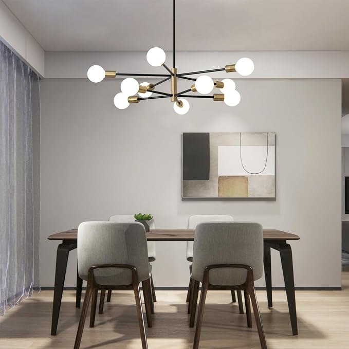 Sputnik Chandeliers Moderna Light Fixture, 10 Lights Black and Gold Mid Century Ceiling Chandelier, Height Adjustable for Living Room, Kitchen, Dining Room, Bedroom,Foyer