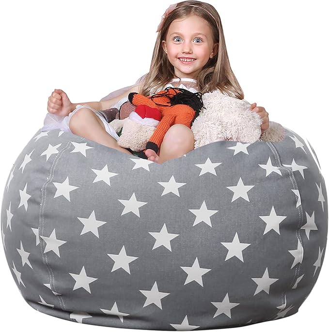 Wekapo Stuffed Animal Storage Bean Bag Chair Cover for Kids | Stuffable Zipper Beanbag for Organizing Children Plush Toys Large Premium Cotton Canvas (Grey Star, XX-Large)