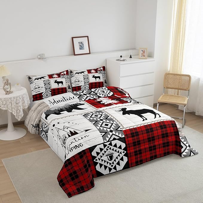 Deer Antlers Bear Kids Comforter Set Full Size,Plaids Aztec Arrows Patchwork Bedding Set for Boys Girls Adults Room Decor,Rustic Adventure Xmas Down Comforter,Red Retro Duvet Insert,2 Pillowcases