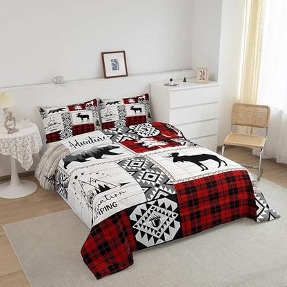 Deer Antlers Bear Kids Comforter Set Twin Size,Plaids Aztec Arrows Patchwork Bedding Set for Boys Girls Adults Room Decor,Rustic Adventure Xmas Down Comforter,Red Retro Duvet Insert,1 Pillowcase